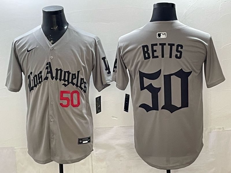 Men 2026 Los Angeles Dodgers #50 Betts Grey Five generations Nike MLB Jersey style 003->los angeles dodgers->MLB Jersey